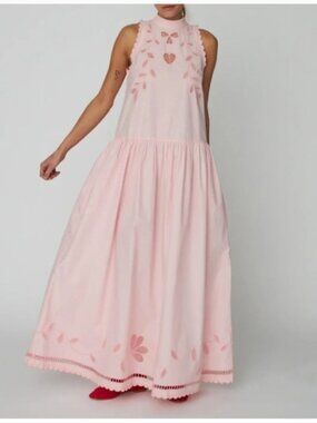 Anthropologie Stella Nova Embroidered Anglaise Maxi Pink Cotton Dress size 2